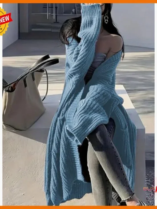 Oversized Cable Knit Cardigan Duster with Pockets Long Sleeve - Picture 2 of 7